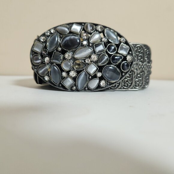 Gunmetal Stretch Belt Womens S/M Western Cowgirl Stone Rhinestones Metal Buckle - Picture 2 of 15
